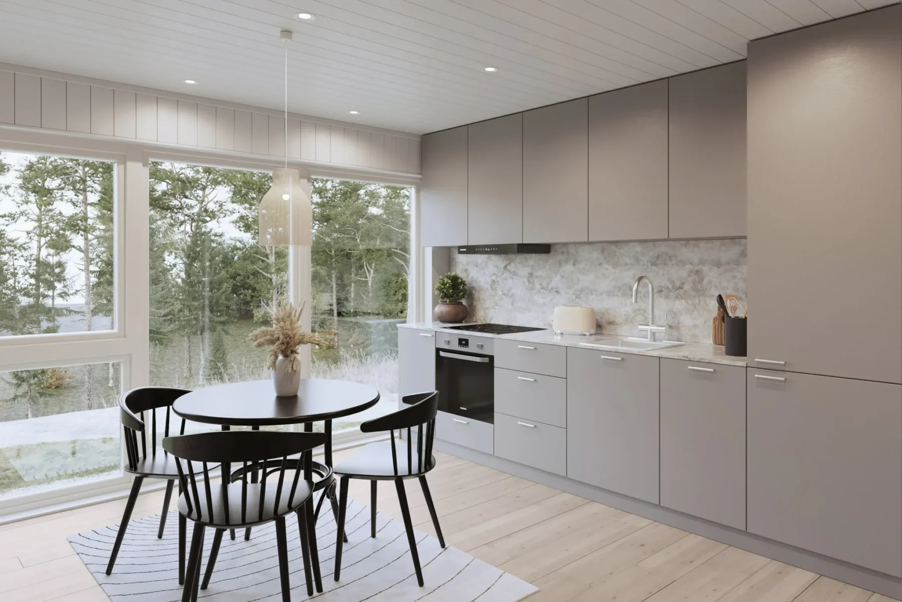 Microhus_Rak-Kjellernivå_30.1KR_Interiør_Kjøkken_grått_spiseplass_parkett_store_vinduer_utsikt
