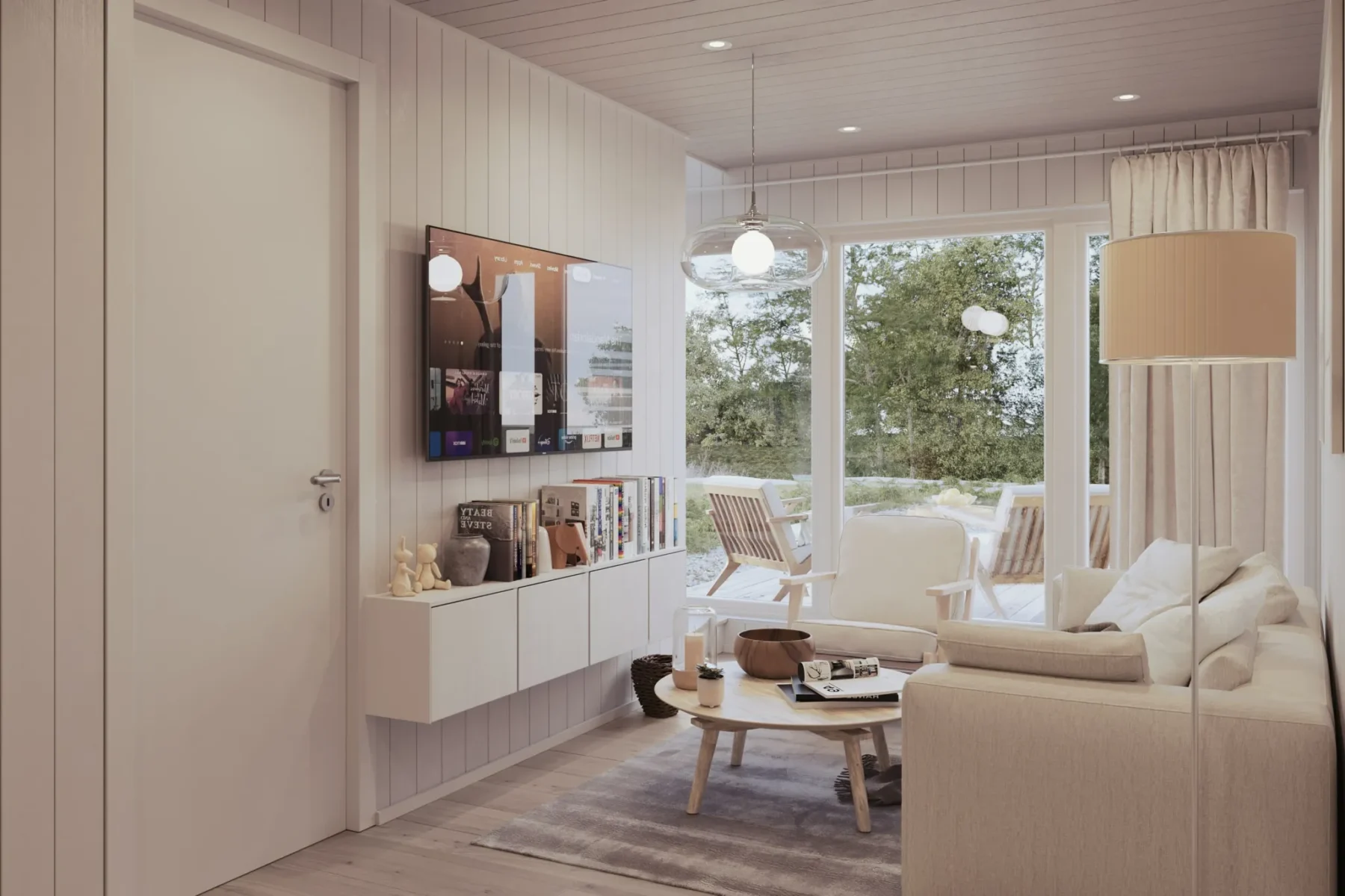Microhus_Rak-Kjellernivå_30.1KR_Interiør_stue_terrasse_strand