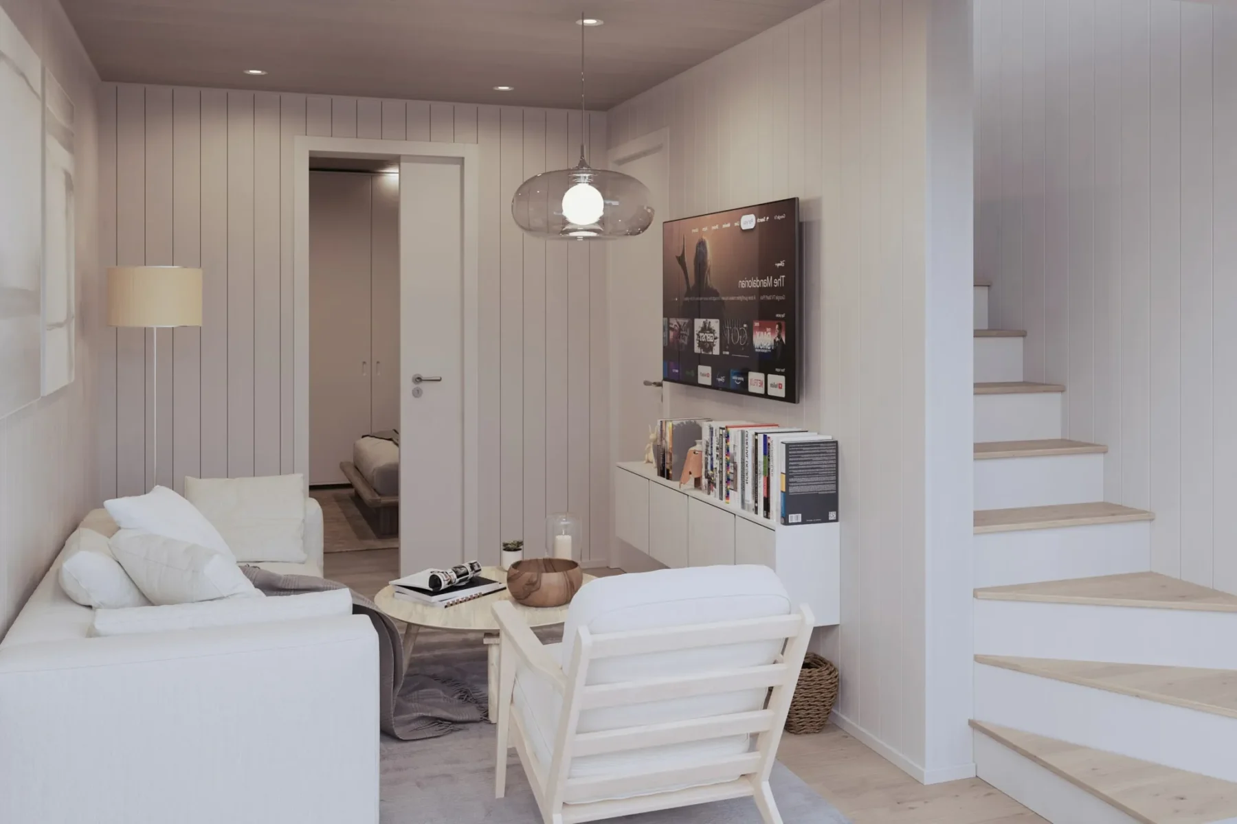 Microhus_Rak-Kjellernivå_30.1KR_Interiør_stue_kjeller_koselig_trapp
