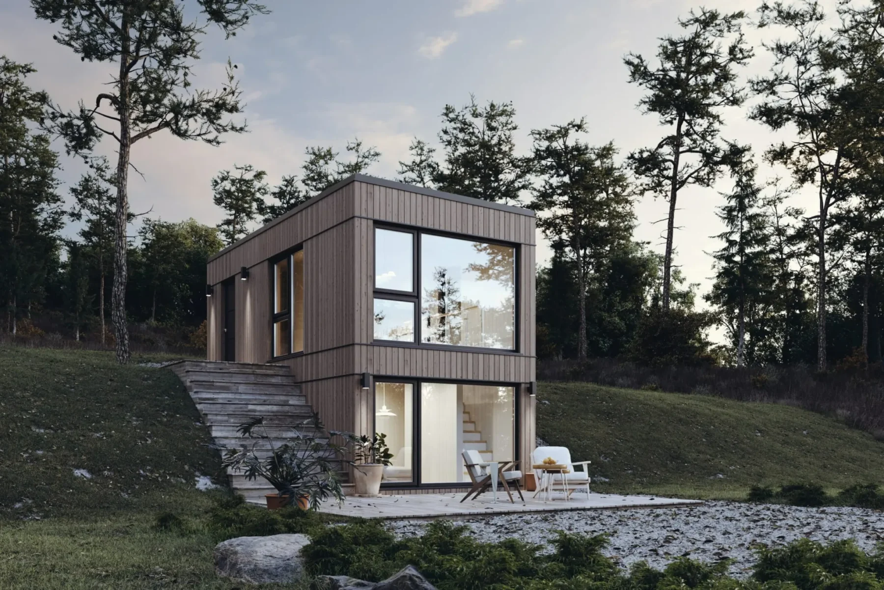 Microhus_Rak-Kjellernivå_30.1_Eksteriør_Jernvitriol_fasade_stående_panel_store_vinduer_trapp_terrasse_kveld