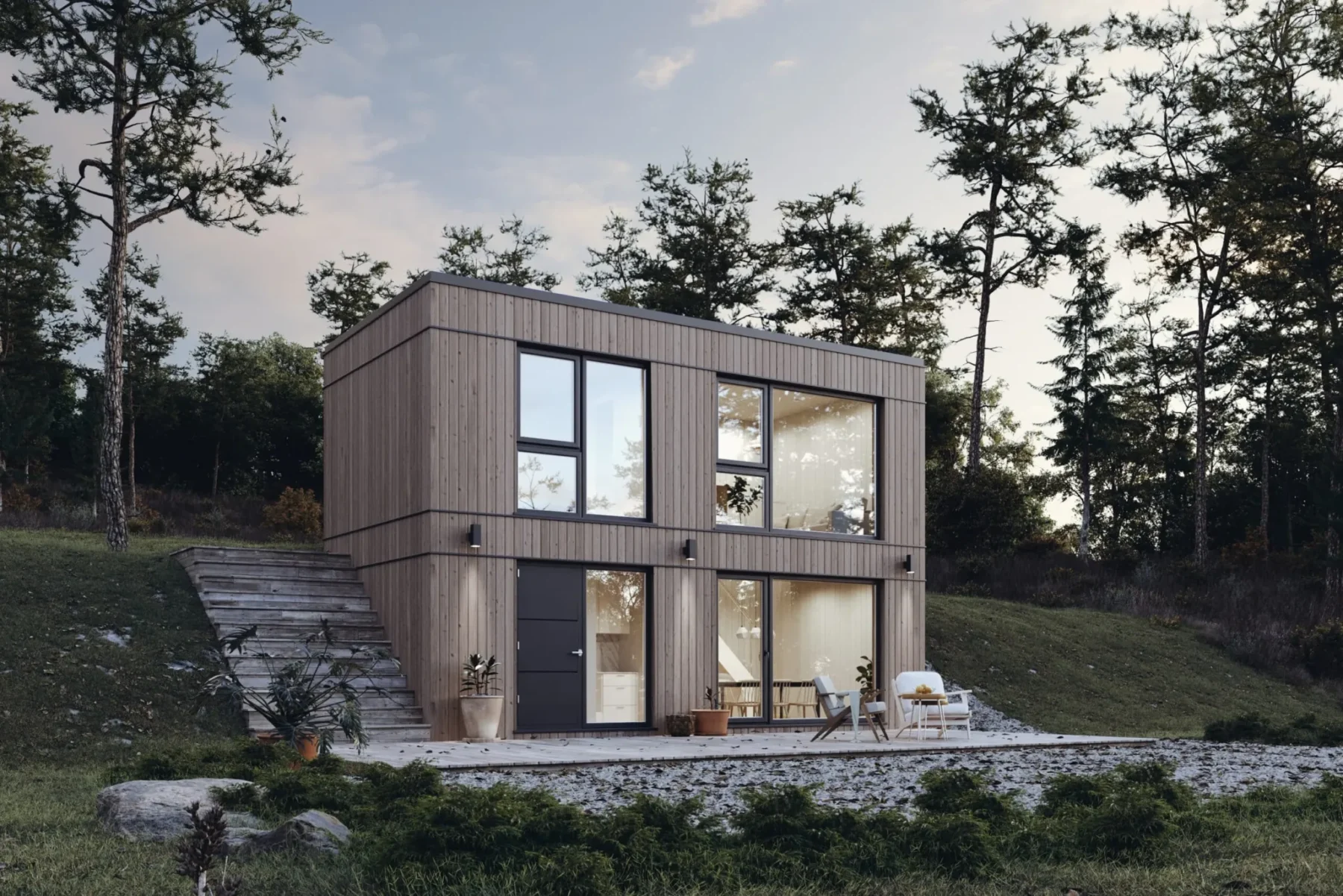 Microhus_Rak-Kallarvåning_30.2_Exterior_Jernvitriol_fasade_stående_panel_store_vinduer_Kveld