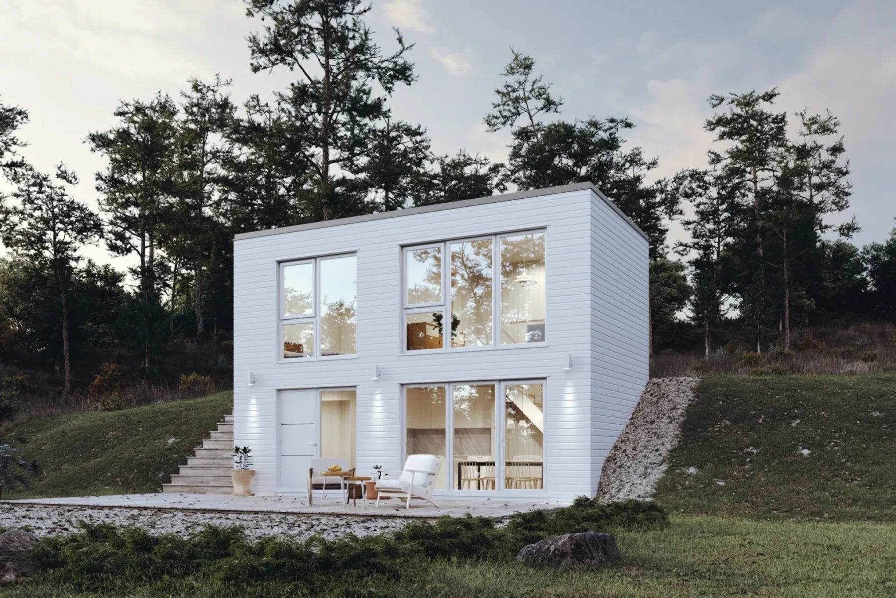 Microhus_Rak-Kallarvåning_30.2_Exterior_hvit_fasade_liggende_panel_store_vinduer_kveld