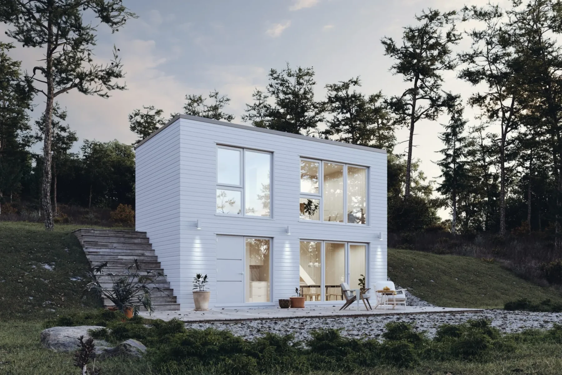Microhus_Rak-Kallarvåning_30.2_Exterior_hvit_fasade_liggende_panel_store_vinduer_terrasse